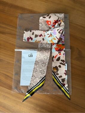Cabi Multicolor Boho Silk Scarf Tie. Floral side. Geometric print side. 28”.